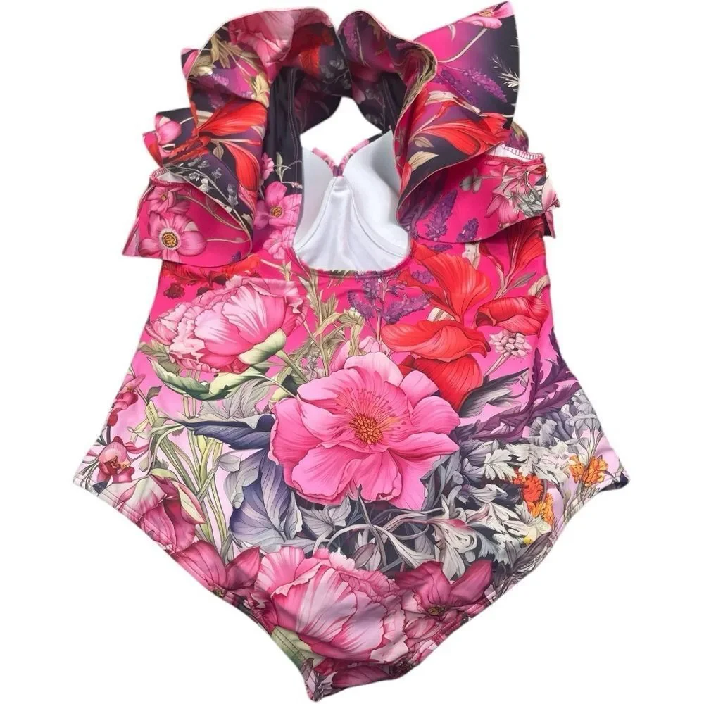 Floral Ruffle One-Piece Swimsuit - Pink Floral - Picture 10 of 12